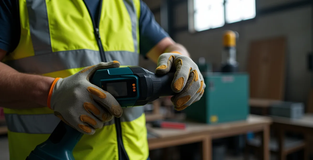 Técnico de prevención realizando medición de vibraciones en herramienta eléctrica con dosímetro especializado
