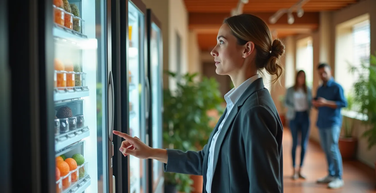 Empleados españoles seleccionando opciones en máquina de vending moderna con productos locales y saludables