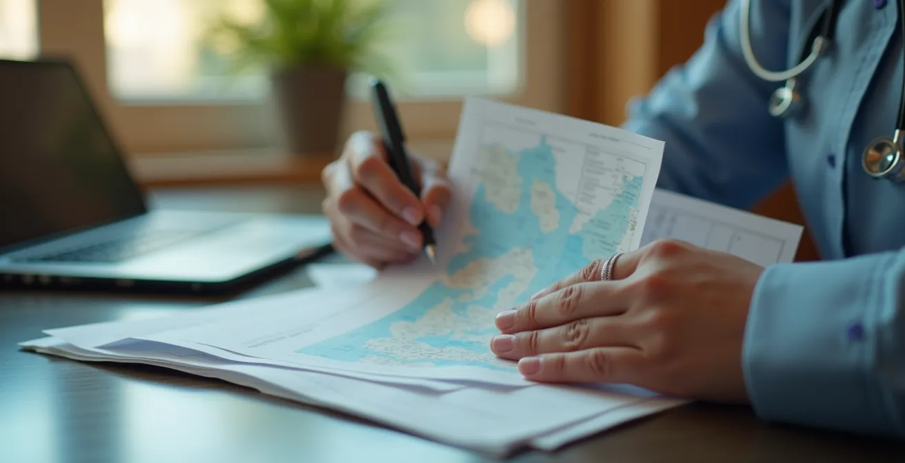 Manos revisando documentos médicos con un mapa regional y símbolos de especialidades médicas clave como pediatría y ginecología.