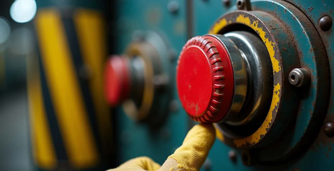 Técnico verificando dispositivos de seguridad en máquina industrial con checklist