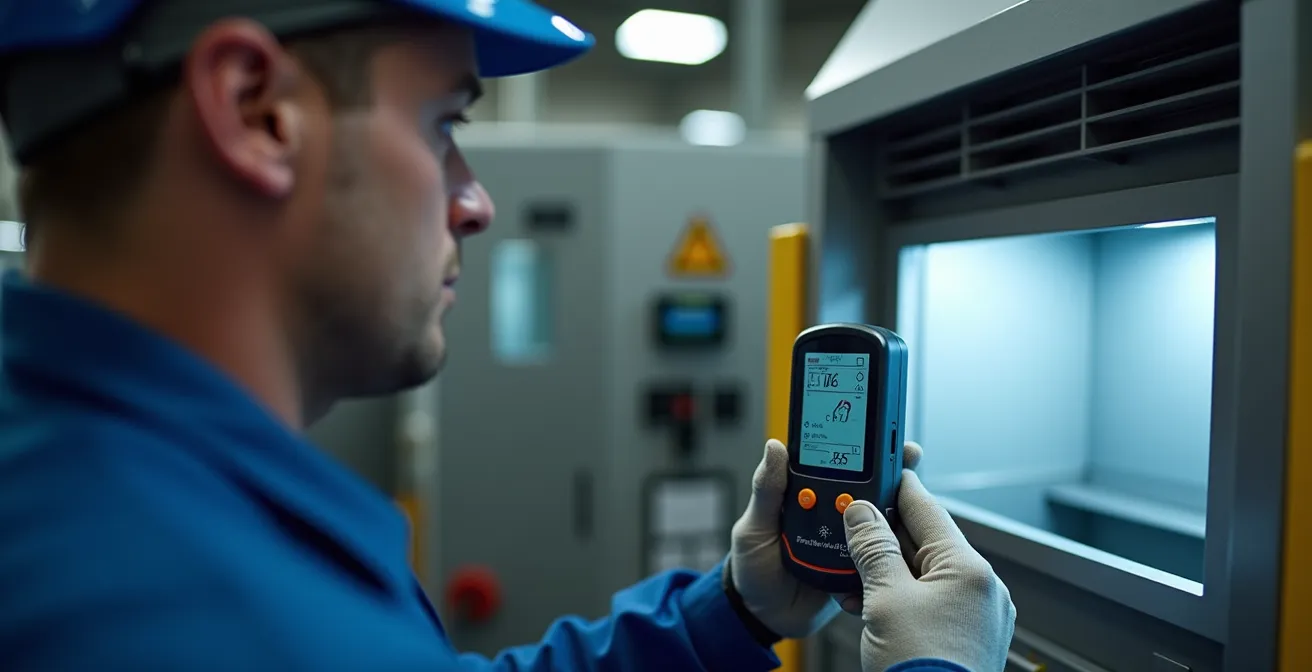 Técnico midiendo velocidad de captura con anemómetro en campana de extracción