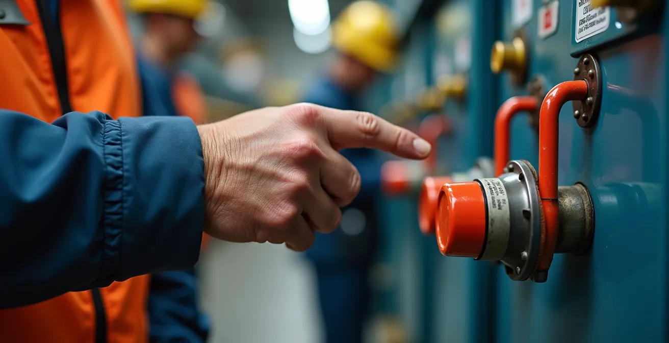 Operario veterano supervisando procedimiento de bloqueo LOTO como mentor de seguridad