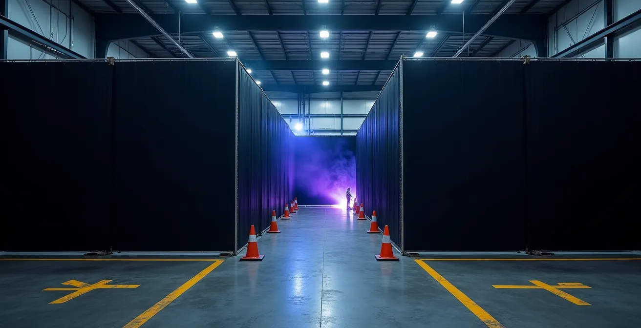 Área de soldadura industrial con biombos de protección UV y señalización de seguridad